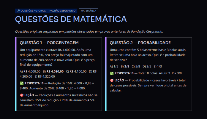 Amostra da apostila com questões comentadas de matemática no padrão Cesgranrio